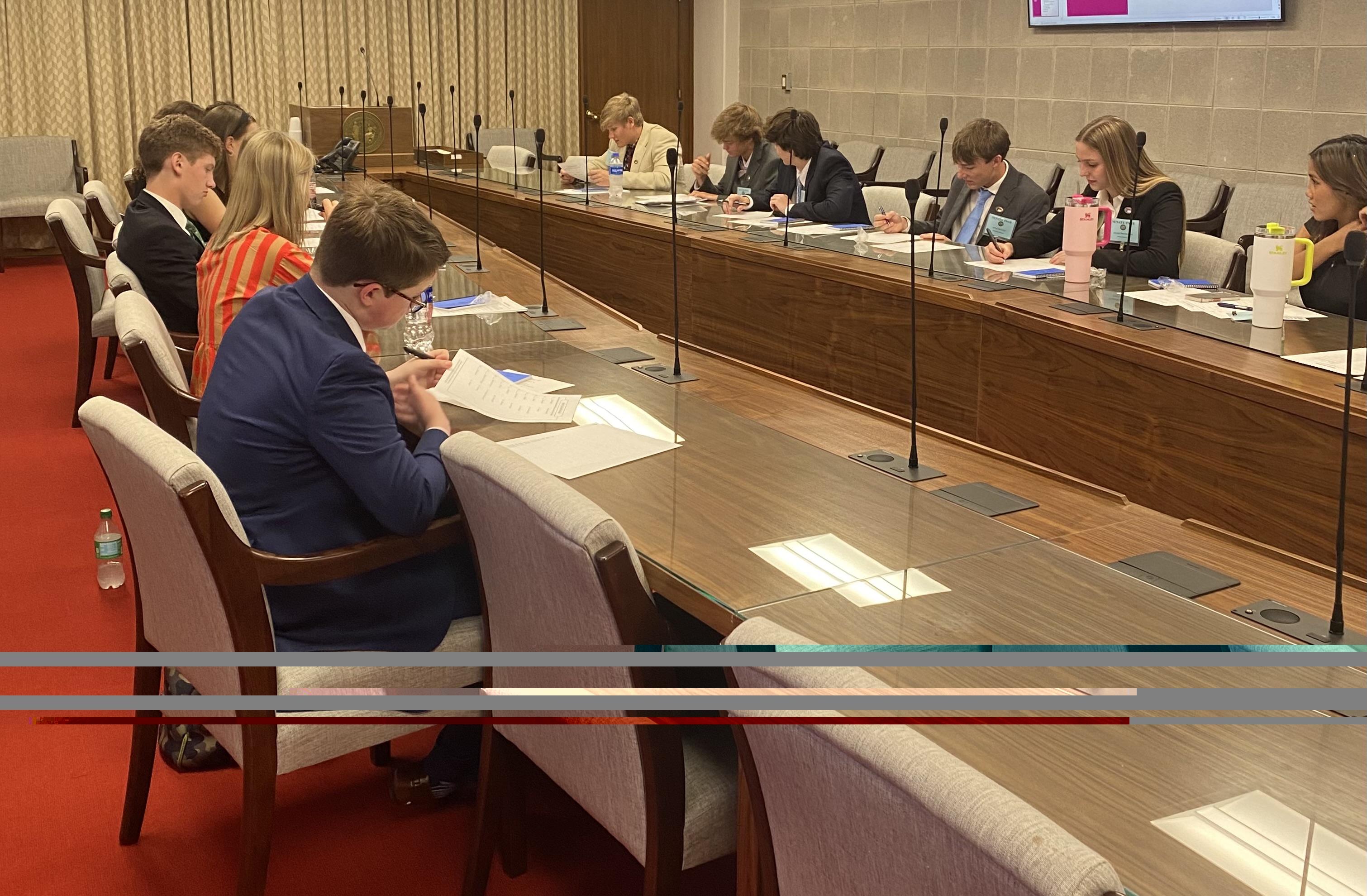 Pages seated at long table with microphones in committee room, looking at papers.